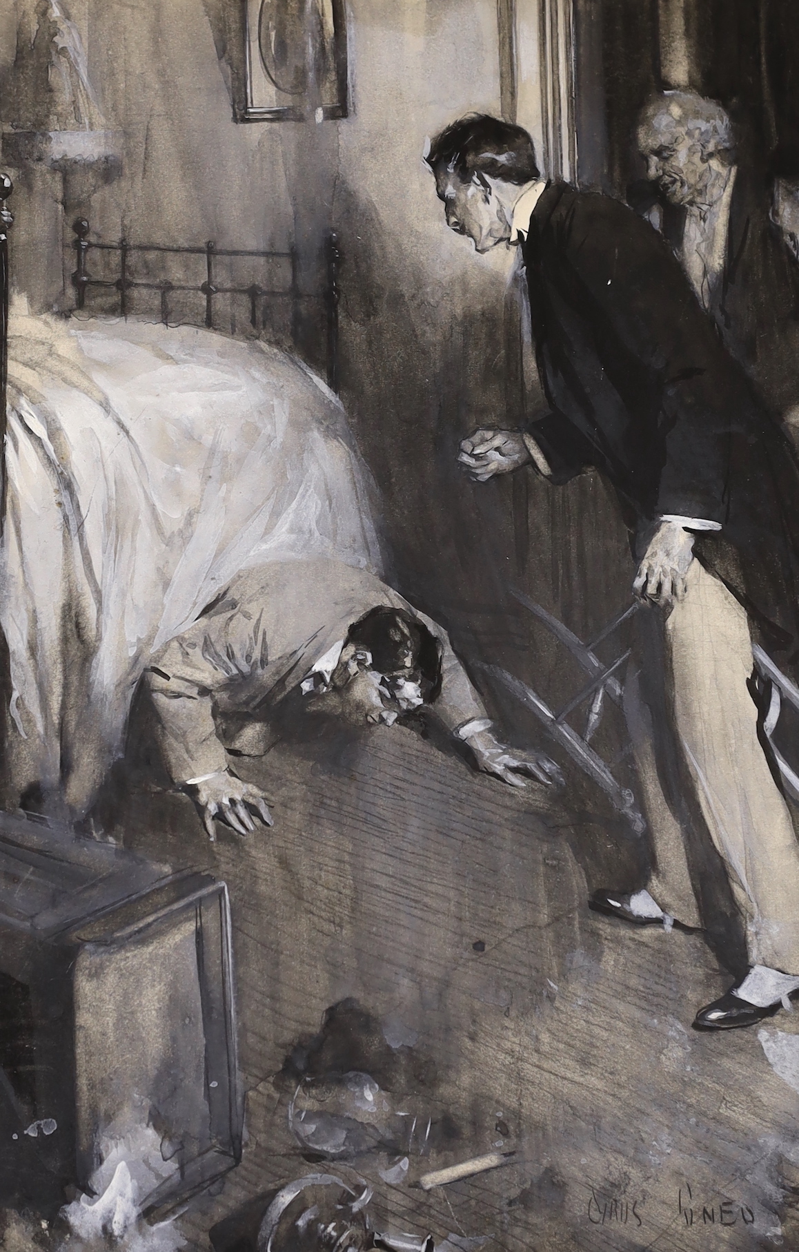 Cyrus Cincinato Cuneo ROI (1879-1916), gouache on card, 'The Reporter then re-appeared - he was on all fours', original illustration, signed, 24 x 16cm, unframed
